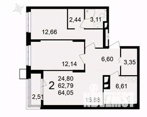 2-к квартира, вторичка, 64м2, 11/24 этаж