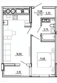 1-к квартира, вторичка, 43м2, 3/26 этаж