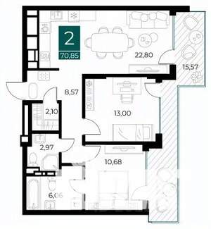 2-к квартира, вторичка, 71м2, 7/13 этаж