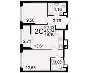 2-к квартира, вторичка, 47м2, 1/25 этаж