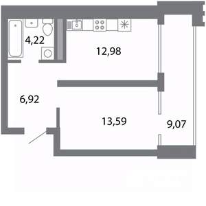 1-к квартира, строящийся дом, 42м2, 3/5 этаж