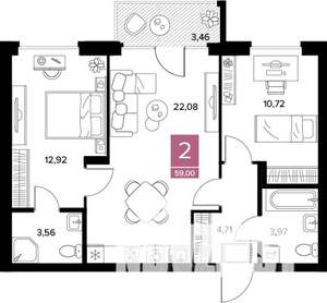 2-к квартира, вторичка, 59м2, 6/9 этаж