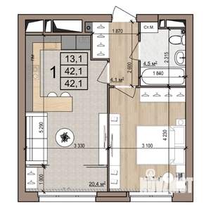 1-к квартира, строящийся дом, 42м2, 9/25 этаж