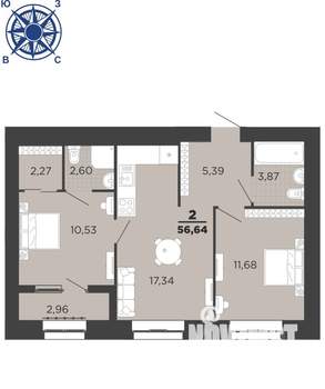 2-к квартира, вторичка, 57м2, 9/16 этаж