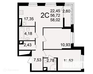 2-к квартира, вторичка, 58м2, 7/11 этаж