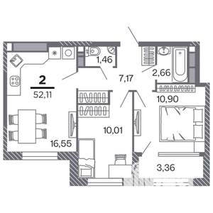 2-к квартира, строящийся дом, 52м2, 14/25 этаж