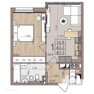 1-к квартира, вторичка, 43м2, 5/9 этаж