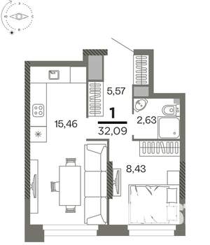 1-к квартира, вторичка, 32м2, 13/26 этаж