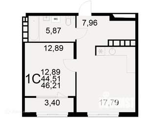 1-к квартира, вторичка, 46м2, 17/22 этаж