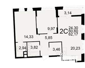 2-к квартира, вторичка, 61м2, 4/25 этаж