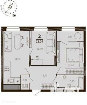 2-к квартира, вторичка, 63м2, 6/8 этаж