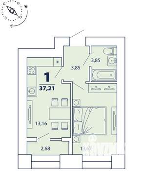 1-к квартира, строящийся дом, 37м2, 13/16 этаж