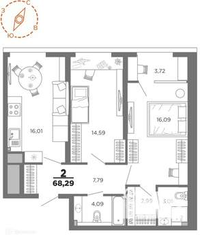 2-к квартира, вторичка, 68м2, 6/24 этаж