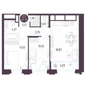 2-к квартира, вторичка, 58м2, 6/18 этаж