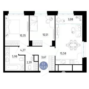 2-к квартира, вторичка, 56м2, 5/20 этаж