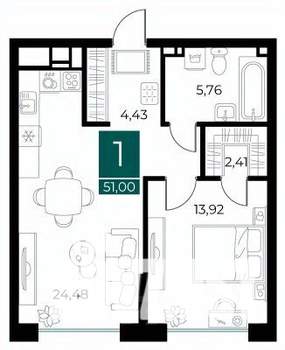 1-к квартира, вторичка, 51м2, 6/13 этаж