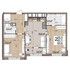 2-к квартира, вторичка, 66м2, 6/25 этаж