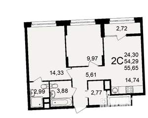 2-к квартира, вторичка, 54м2, 2/25 этаж