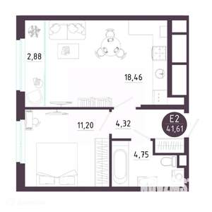 1-к квартира, вторичка, 42м2, 2/19 этаж