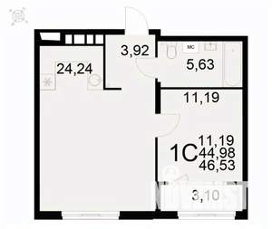 1-к квартира, вторичка, 47м2, 2/22 этаж