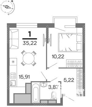 1-к квартира, строящийся дом, 35м2, 13/15 этаж