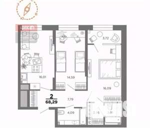 2-к квартира, вторичка, 68м2, 14/22 этаж
