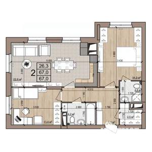 2-к квартира, строящийся дом, 67м2, 19/25 этаж