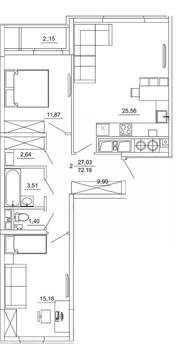 2-к квартира, вторичка, 72м2, 1/26 этаж