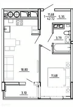 1-к квартира, вторичка, 43м2, 21/26 этаж
