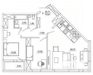 2-к квартира, вторичка, 75м2, 1/26 этаж