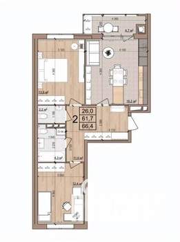 2-к квартира, вторичка, 66м2, 16/17 этаж