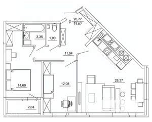 2-к квартира, вторичка, 75м2, 3/26 этаж