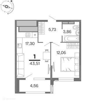 1-к квартира, вторичка, 44м2, 9/17 этаж