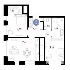 2-к квартира, вторичка, 55м2, 24/25 этаж