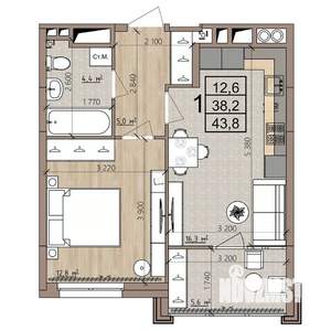1-к квартира, строящийся дом, 44м2, 8/8 этаж