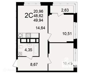 2-к квартира, вторичка, 50м2, 24/26 этаж