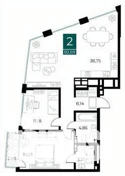 2-к квартира, вторичка, 83м2, 13/14 этаж