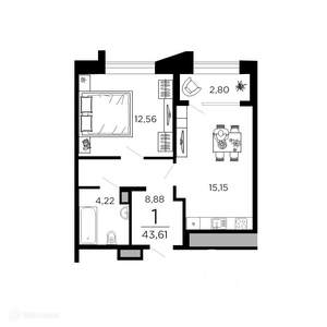 1-к квартира, вторичка, 44м2, 18/20 этаж