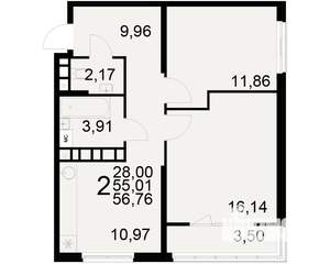 2-к квартира, вторичка, 55м2, 3/21 этаж