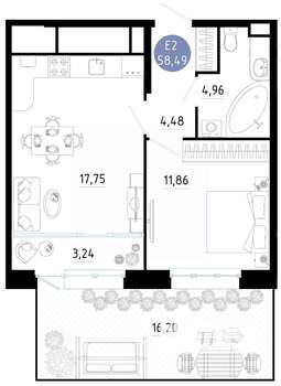 1-к квартира, вторичка, 58м2, 1/20 этаж