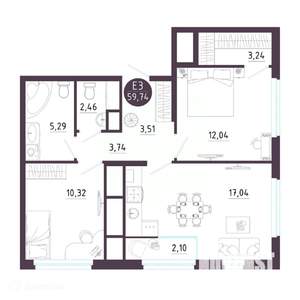 2-к квартира, вторичка, 60м2, 7/19 этаж