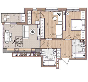 2-к квартира, вторичка, 71м2, 7/8 этаж