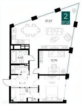 2-к квартира, вторичка, 87м2, 8/14 этаж