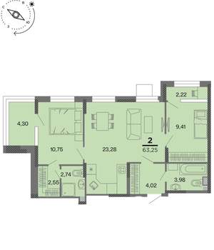 2-к квартира, вторичка, 63м2, 4/22 этаж