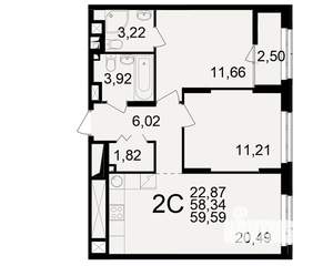 2-к квартира, вторичка, 58м2, 2/25 этаж