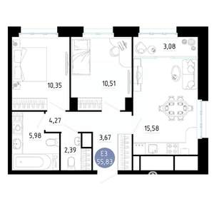 2-к квартира, вторичка, 56м2, 14/25 этаж