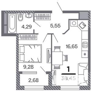 1-к квартира, строящийся дом, 38м2, 12/25 этаж