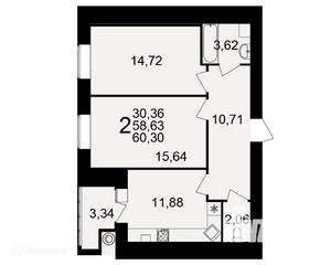 2-к квартира, вторичка, 60м2, 13/16 этаж