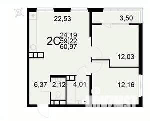 2-к квартира, вторичка, 61м2, 7/22 этаж