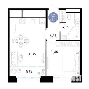 1-к квартира, вторичка, 42м2, 19/25 этаж